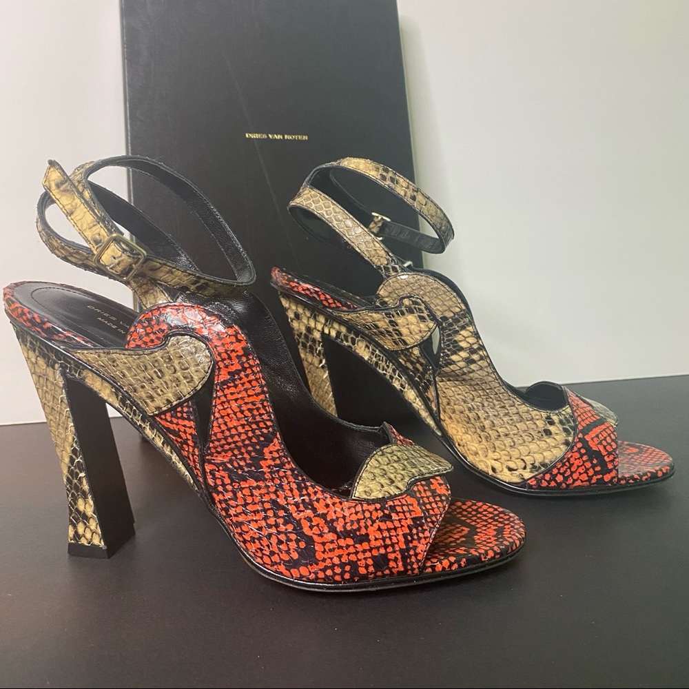 DRIES VAN NOTEN Red And Beige 100 Snakeskin Sandals
